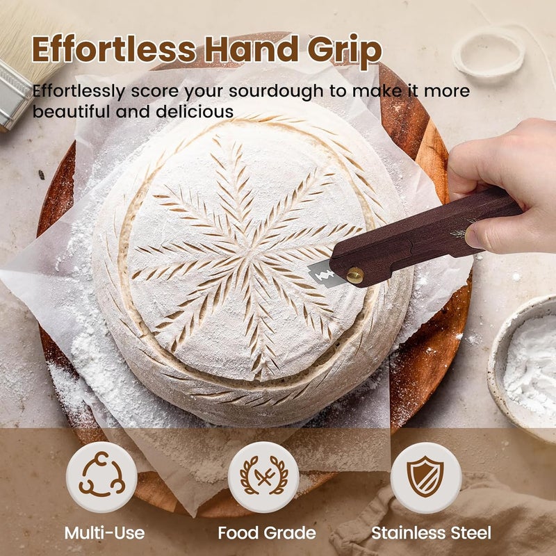 Drcomtruing Premium Wooden Bread Lame, Rotatable Retractable Sourdough Scoring Tool for Artisan Baking, Professional Handcrafted Bread Scoring Tool with Secure Screw Lock & 10 Razor Blades (Black Walnut) - Image 3